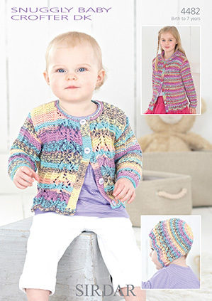 Sirdar 4482 Cardigans and Bonnet for newborn to 7 years in Double Knitting (#3) weight yarn.